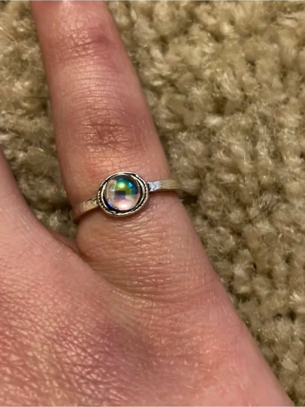 Silver Ring with Iridescent Moonstone Cabochon - Women's Jewelry